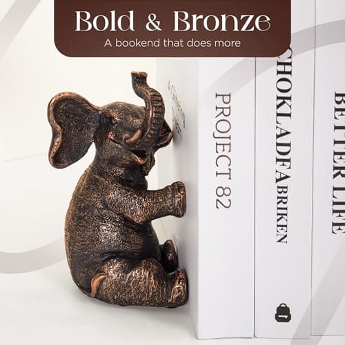 DURAGOODS Decorative Vintage Elephant Bookends with Non-Slip Padding for Shelves to Hold Books - Heavy Duty Resin Book Holders for Bookshelf Decor, Home, Office, Living Room – 4” L x 4” W x 7”H 7