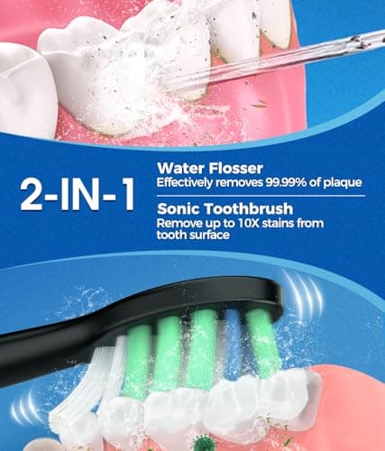 Electric Toothbrush and Water Flosser,600ML Oral Irrigator Water Flosser with 7 Jet Tips,10 Adjustable Pressure Settings,Sonic Electric Toothbrush with 2 Brush Heads,5 Modes(Black) 7
