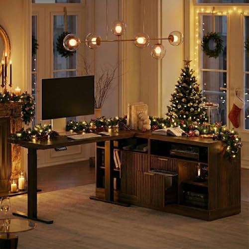 Perledesign Height Adjustable Electric Standing Desk, 67 x 24 Inches Sit Stand up Desk with 2 File Cabinets, AC/USB, 1.18" Desktop, L Shaped Fluted Computer Desk for Home and Office, Black Walnut