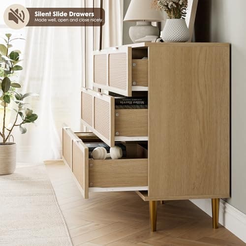 GarveeHome Rattan 6 Drawer Dresser for Bedroom, Large Double Dresser with Deep Drawers, Wooden Chest of Drawers for Closet with Wide Top, for Living Room, Hallway, Kids Room, Natural 7