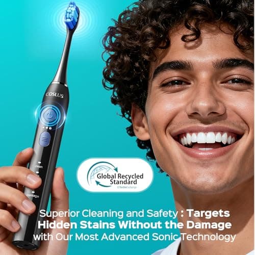 COSLUS Sonic Electric Toothbrush for Adults: 3 Intensities & 5 Modes Gum-Friendly for Deep Cleaning & Whitening - 2 Types of Heads for Family, Sensitive Teeth, Braces, Travel & Home Use, Black, 1PC 7