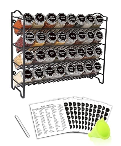 SWOMMOLY Spice Rack Organizer with 32 Glass Spice Jars, 396 Spice Labels, Chalk Marker and Funnel Complete Set, for Cabinet, Countertop, Cupboard or Wall Mount, Black