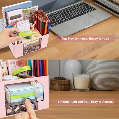 Meiikun Plastic Pen Organizer, Multifunctional Desk Organizer with 2 Drawers, 4 Compartments & a Top Tray, Pencil Holder Desktop Organizers and Accessories for Office, 7.7" x 5.5" x 3.9" (Pink) 6