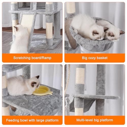 Heybly Tall Cat Tree, 78-inch Multi-Level Cat Tower for Indoor Cats, 2 Widened Plush Perches Cat Condo with Scratching Board and Big Caves, Light Gray HCT033W 7