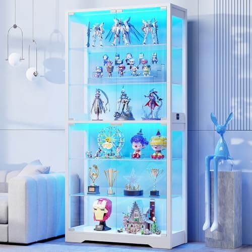 BROTTAR 6-Tier 71" Display Cabinet with Glass Door, Curio Cabinet with 3 Color Lights for Collectibles, Display Case with Adjustable Glass Shelves, Human Body Sensor, Storage Cabinets, White