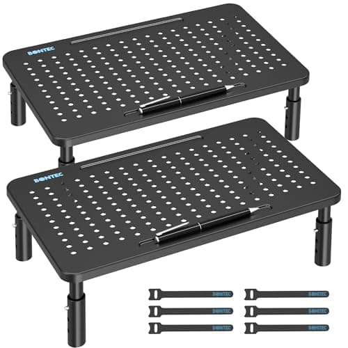 BONTEC Monitor Stand 2 Pack Height Adjustable Metal Riser with Pen Holder, Black, 14.5” x 9.1”, Ergonomic Desktop Stand for Computer, Printer, Laptop, Adjustable Desk Riser with Cable Management
