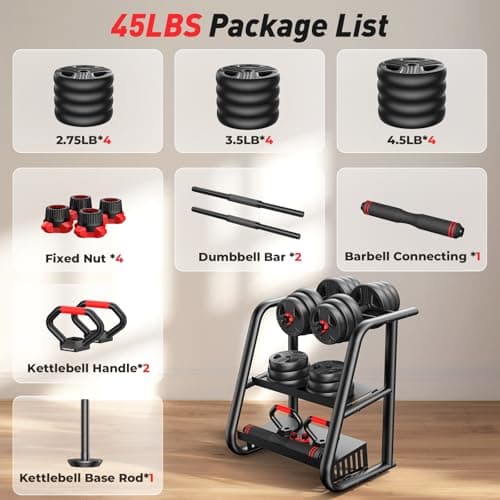 FITPLAM 4 in 1 Adjustable Dumbbell Weight Set, 45lbs Free Weights with Upgraded Nut, Used as Kettlebells, Barbell, Push Up Stand for Home, Gym, Fitness, Exercise, Suitable Men/Women, Black 9