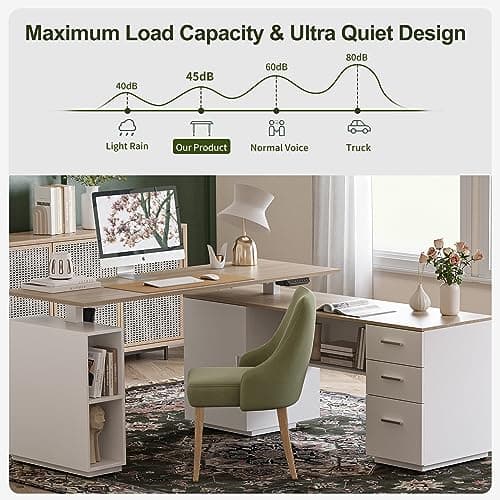 BANTI 63" Executive L Shaped Electric Standing Desk: 1.18" Thick Desktop, Height Adjustable, Integrated File Cabinet & 3 Drawers, Privacy Panel, AC/USB Charging Ports, Elegant Light Walnut Finish 7