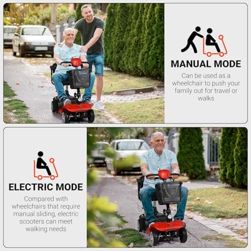FWFFWF Mobility Scooter, 4 Wheels Rechargeable Electric Scooter for Adults and Seniors W/Lights,Removable Basket, Rotating Seat and Cup Holder, Red 6