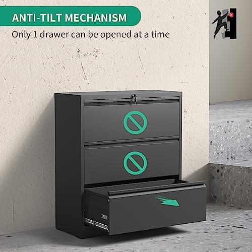 IKIMI 3 Drawer Lateral File Cabinets with Lock,Metal Lateral Filing Cabinet for Home Office,Wide Steel Storage Cabinet Commercial Drawer Cabinets for Legal/Letter/A4 Size Files Assembly Required 5