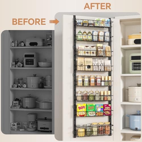 MIAOLI Over the Door Pantry Organizer, 8-Tier Adjustable Spice Rack Cabinet Door Shelves, Hanging Seasoning Organizer for Kitchen Bathroom, Laundry Room Organization, Black 6