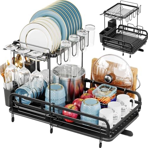 Urackify 2 Tier Dish Drying Rack, Expandable Dish Rack, Extandable Dish Drainer for Kitchen Counter with Drainboard, Plate Rack Organizer with Utensil Holder, Wine Glass Holder, Black