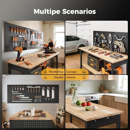 CAMMOO 60" Work Bench Adjustable Height with Storage Shelf, Max Load 2000 LBS Heavy Duty Rubberwood Tabletop with Pegboard, LED Light, Built-in Power Strip for Woodworking Shop, Garage, Home 9