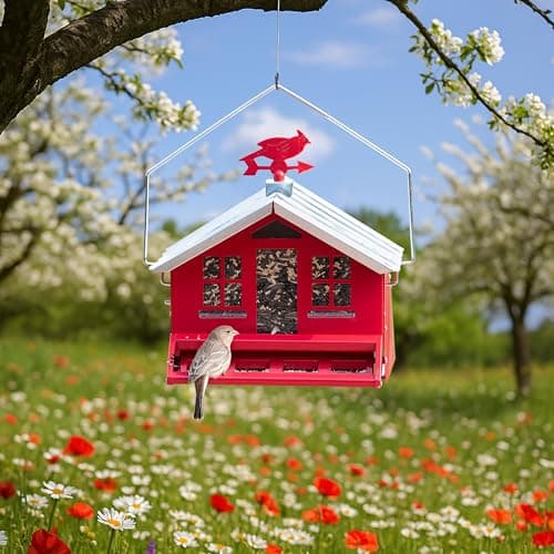 Perky-Pet Squirrel-Be-Gone II Country House Bird Feeder with Weathervane - 8 lb Seed Capacity - Squirrel Proof Wild Bird Feeder for Outdoors - Durable Construction - Rustic Outdoor Decor - 338, Red 9