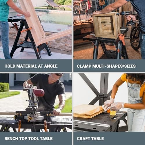 Worx Pegasus 2-in-1 Folding Work Table & Sawhorse, Easy Setup Portable Workbench, 31" W x 25" D x 32" H Lightweight Worktable with Heavy-Duty Load Capacity, WX051 - Includes 2 Clamps & 4 Clamp Dogs 8