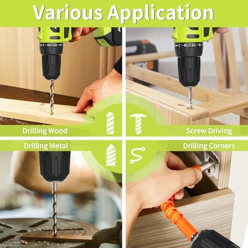 PULITUO'S 20V Cordless Drill/Driver, Electric Screwdriver - 2 Batteries, 30Nm, 21+1 Torque, 2 Speed, Keyless 3/8" Chase Drill with LED Light, Kit for Home (Green) 7