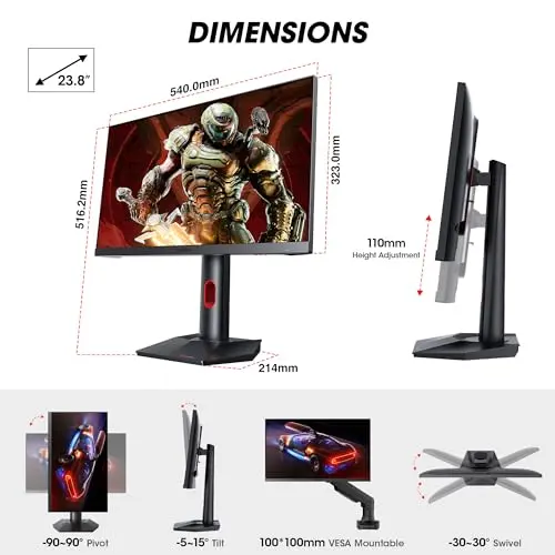 KOORUI Gaming Monitor, QHD 24" Nano IPS Display, 1440P 165Hz Computer Monitor, 1ms 2K PC Screen, 100% sRGB, Adaptive Sync, Height/Tilt/Pivot Adjustment, HDMI, DisplayPort, GP01 8