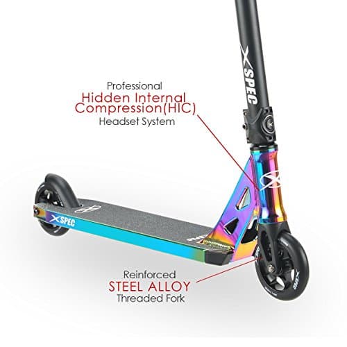 Xspec Rainbow Neo Chrome Pro Stunt Kick Scooter, Unique Oil Slick Anodized Design, Aluminium with BMX Handlebars Reinforced Aluminium Wheels and Fork 8