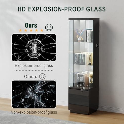 Lvifur Lockable Curio Display Cabinet with Glass Door,65" Lighted Curio Cabinet with 3 Color Lights for Collectibles,3-Tier Glass Display Case with Human Body Sensor for Living Room,Black 7