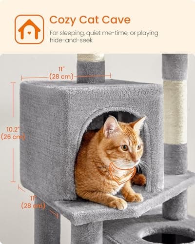 Feandrea Cat Tree, 59.5-Inch Tall Cat Tower, Plush Multi-Level Condo with 5 Scratching Posts, 2 Perches, 2 Caves, Hammock, 2 Pompoms, Light Gray UPCT192W01 6