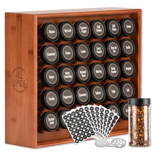 AllSpice Spice Rack Organizer, Wood, 525 Unique Labels, Countertop or Wall Mount, Includes 30 4oz Jars- Cherry Stain