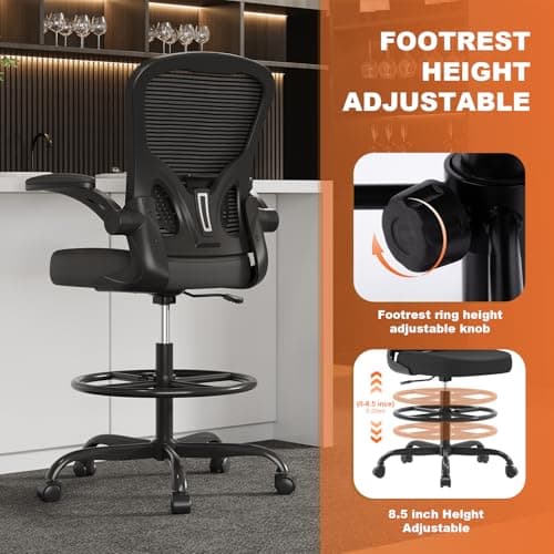 Ergonomic Drafting Chair, Tall Office Chair with Flip-up Armrests, Breathable Mesh High Desk Chair with Lumbar Support Adjustable Footrest Ring for Standing Desk Black 7