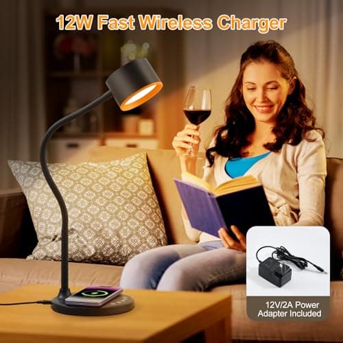 LED Desk Lamp with Wireless Charger, USB C + A Charging Ports, Eye-Caring Metal Bedside Lamp, 5 Colors Stepless Dimmable Reading Lamp, Touch Table Lamp Gooseneck Lamp for Home Office Dorm Black 9