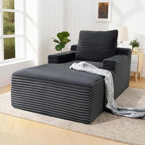 VanAcc 65" Chaise Lounge Sofa, Luxury Corduroy Sleeper Chaise with Armrests and Throw Pillows, No-Assembly Couch for Living Room or Apartment, Gray 7