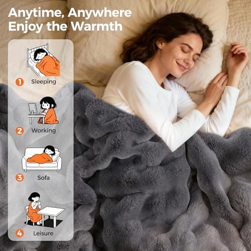 Heated Blanket Throw, Fast Heating Blanket Throw with 1/2/4/6/9/12 Hours Auto-Off 8 Heat Level, 50'' * 60'' Cozy Faux Rabbit Fur Bubble Blanket, Soft Fluffy Warm Blanket(Dark Grey) 7
