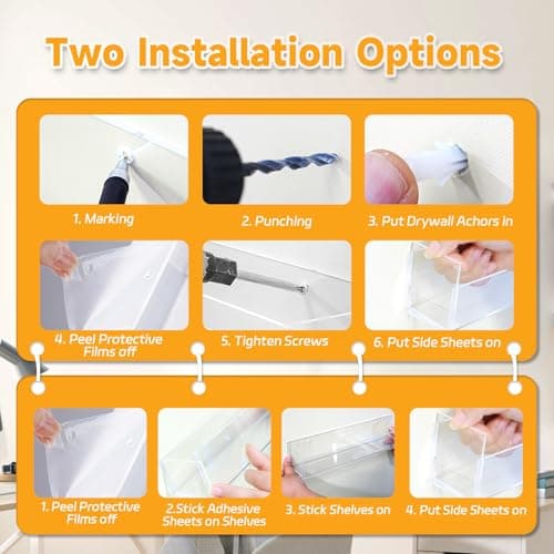 GTJ Acrylic Shelves, 2-Pack Spice Rack Wall Mount, Clear Book Shelves for Wall, Spice Organization, Vinyl Wall Mount, Cabinet, Pantry Door, Kitchen, Bedroom, Self-Adhesive and Drilling 8
