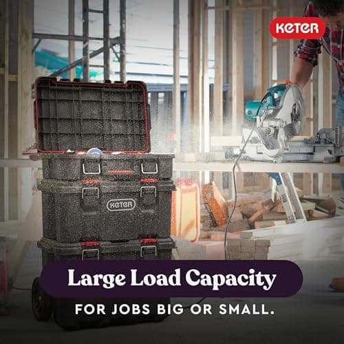 Keter Stack-n-Roll Modular Tools Organizer for Garage Storage and DIY, 3 Piece Resin Rolling Tool Box System for Small Parts, Black 8