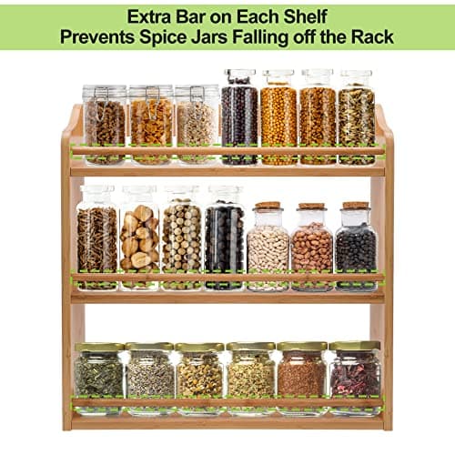 FoverOne 3 Tier Bamboo Spice Rack, Seasoning Jars Rack Shelf Spice Organizer for Kitchen Counter or Wall Mounting 5