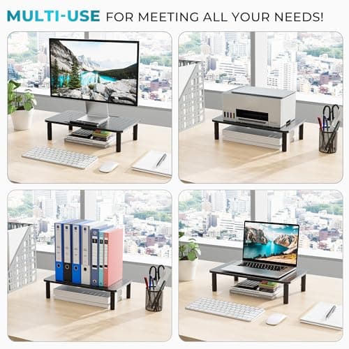 BONTEC Monitor Stand 2 Pack Height Adjustable Metal Riser with Pen Holder, Black, 14.5” x 9.1”, Ergonomic Desktop Stand for Computer, Printer, Laptop, Adjustable Desk Riser with Cable Management 9