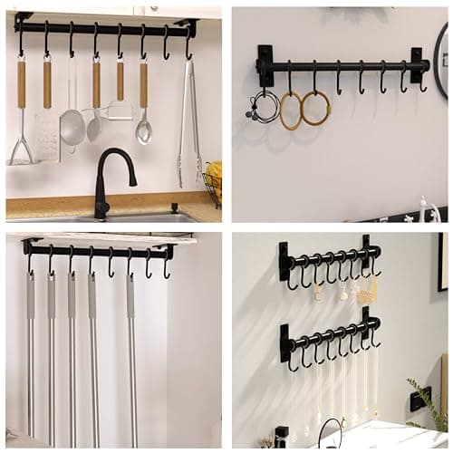 Dseap Kitchen Utensil Holder Hanger, Pot and Pan Rack Wall Mount, Kitchen Rail with 8 Hooks for Hanging Cooking Utensils, Mugs, Spoons, Wall Mounted, Stainless Steel, Black 6