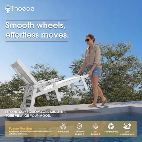 THOEOE Patio Chaise Lounge Chair, Oversized Lounge Chair Outdoor with 5 Positions, HDPE, Patio Lounge Chair with Wheels & Cup Holder for Pool, Deck, Poolside,White 6