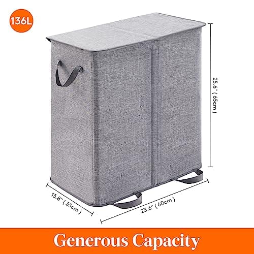 Lifewit Double Laundry Hamper with Lid and Removable Laundry Bags, Large Collapsible 2 Dividers Dirty Clothes Basket with Handles for Bedroom, Laundry Room, Closet, Bathroom, College, 136L Gray 6