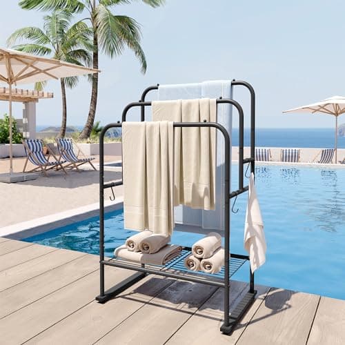 ELYKEN 40'' Tall Standing Towel Racks, 3 Tier Towel Drying Rack Outdoor, Pool Towel Stand Blanket Holder with Shelf & 4 Removable Hooks, Metal Freestanding Towel Racks for Bathroom, Matte Black 6