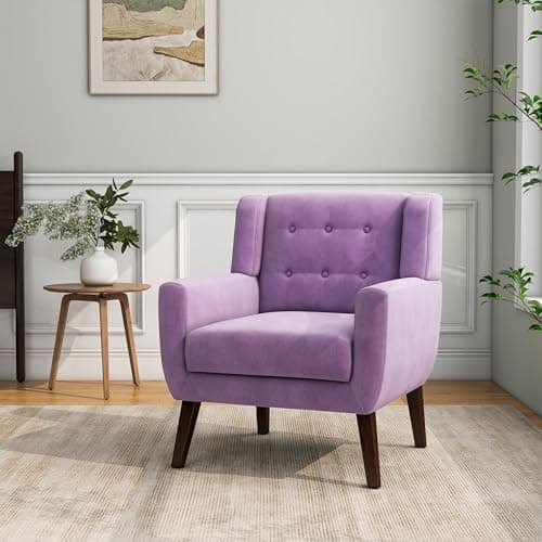 Accent Chair, Mid-Century Modern Velvet Fabric Chairs with Arms for Living Room, Comfy Upholstered Club Single Sofa Armchair for Bedroom Waiting Room with Solid Wood Frame (Velvet Purple, Set of 1)