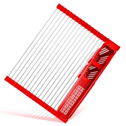 CLNGAI Roll Up Dish Drying Rack,Expandable Over The Sink Dish Drainer,Stainless Steel Kitchen Rolling Sink Rack with Utensil Holder,Length Up to 22.3" (Red, Large) 7