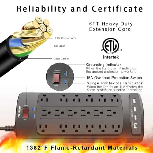 18 Outlets Surge Protector Power Strip - 6 Feet Flat Plug Heavy Duty Extension Cord with 18 Widely Outlets and 4 USB Ports, 2100 Joules, Black, ETL Listed 6