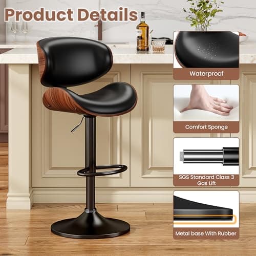 YaFiti Swivel Bar Stools Set of 2 for Kitchen Counter, Adjustable Bentwood Barstools, Modern PU Leather Upholstered Bar Chair with Back and Footrest, for Bar, Kitchen, Dining Room, Black 6