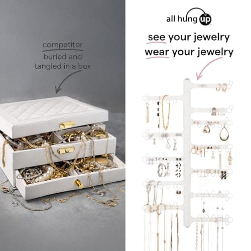 AllHungUp 12-Tier Wall Jewelry Organizer Wall Mounted Jewelry Organizer Necklace Holder Wall Mount Hanging Necklace Organizer Jewelry Hanger Wall Mounted Earring Holder Display Earring Organizer White 5