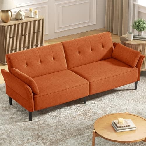 COPIAE 89” Futon Sofa Bed, Comfy Futon Couch Bed with 2 Square Pillows, Convertible Sleeper Sofa with Adjustable Backrest&Armrests, Modern Loveseat Sleeper for Living Room,Velvet Fabric,Burnt Orange