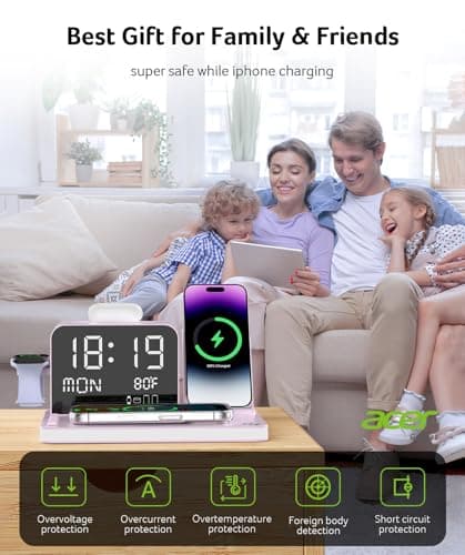 Acer 7-in-1 Wireless Charging Station with LED Clock - 30W Fast Wireless Charger for iPhone 16/15/14/13/12/Pro Max, Apple Watch, AirPods - Bluetooth Auto Time Sync & Night Lights (Purple) 9