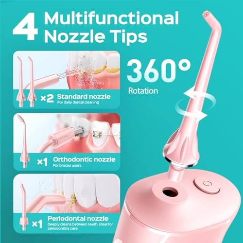 COSLUS C50 Portable Water Flosser for Teeth: 4 Modes & 5 Intensity Levels Professional Electric Dental Pick for Sensitive Gums, Braces & Orthodontic - Cordless for Travel Use, for Adults, BPA-Free 8