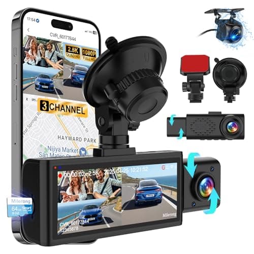 3 Channel 4K Dash Cam Front Rear and Inside with 5G WiFi & APP Control, 4K/2.5K+1080P+1080P Dashcam for Car, Dash Camera with 64GB Card, 24H Parking Monitor, Night Vision, Loop Recording, G-Sensor