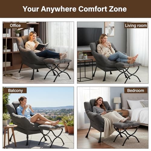 Welnow Lazy Chair with Ottoman, Modern Accent Chair with Armrests and a Side Pocket, Leisure Sofa Armchair, Reading Armchair with Footrest for Small Space, Dark Grey 7