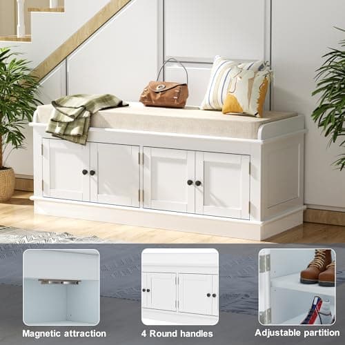 ROOMTEC 42.7″ Storage Bench w/4 Doors and Adjustable Shelves, ShoeBench w/Removable Cushion & Seating for Entryway Living Room Hallway Bedroom, Assembled White 6