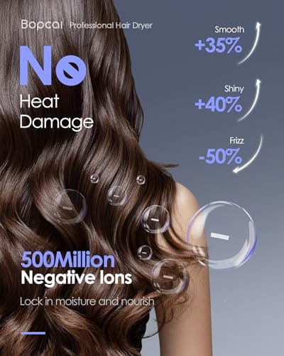 Hair Dryer -Bopcal Ionic Blow Dryer, 500 Million Ions Fast Drying, Low-Noise Hairdryer, 3 Speeds & 4 Temps with Travel Size for Professional Styling at Home/Salon 5