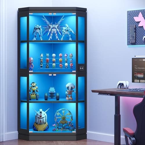 Jocoevol Corner Display Cabinet with Glass Doors, 4-Tier Display Cases for Collectibles with RGB Lights, 67'' Tall Corner Curio Cabinet with Human Body Sensor for Living/Game Room, Black